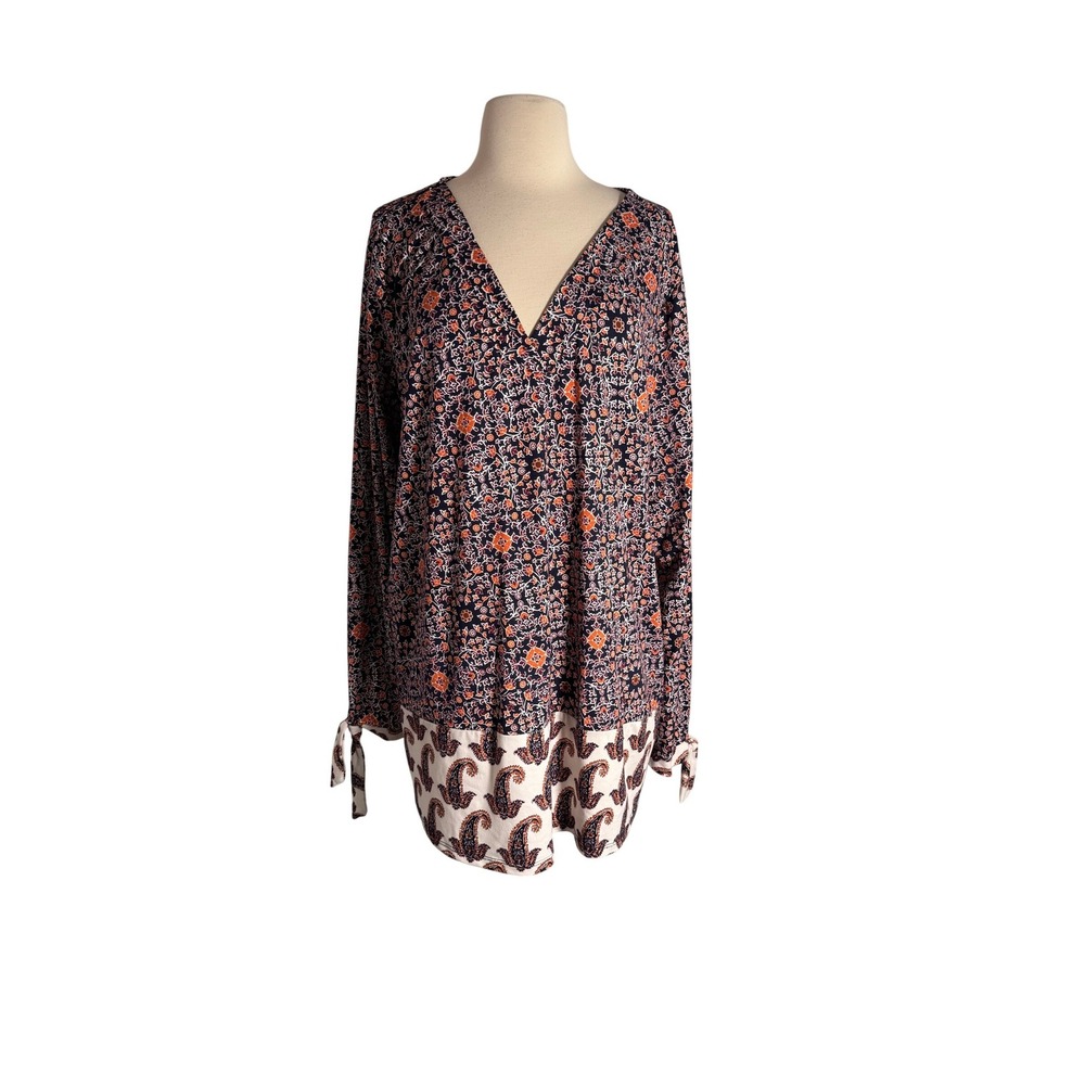 Como Blu Women Navy Orange Floral Paisley Mixed‎ V-Neck Tie Cuff Top SZ 3X